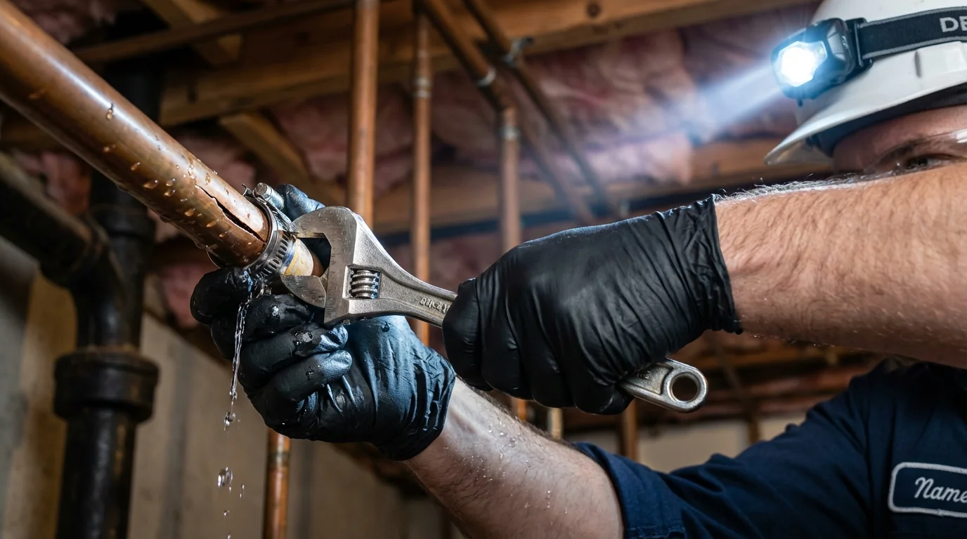 Emergency pipe clamp repair being performed by a Johns Plumbing LLC plumber in Moosic