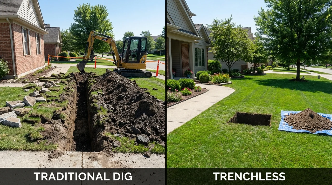 Trenchless sewer repair with minimal yard damage versus traditional excavation in Moosic, PA